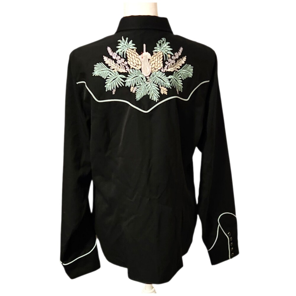 Roper Western Shirt Pearl Snap Black Teal Trim Drink Embroidery Womens Size XL - Picture 5 of 8